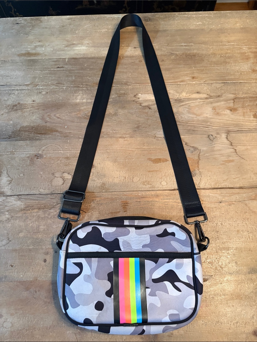 HAUTE SHORE Gray Camo Crossbody with Rainbow Stripe